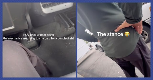 Side by side images, one of the backseat of a car with the words "POV u tell ur uber driver the mech...