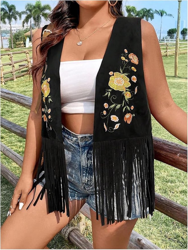 Verdusa Fringe Floral Embroidery Sleeveless Vest