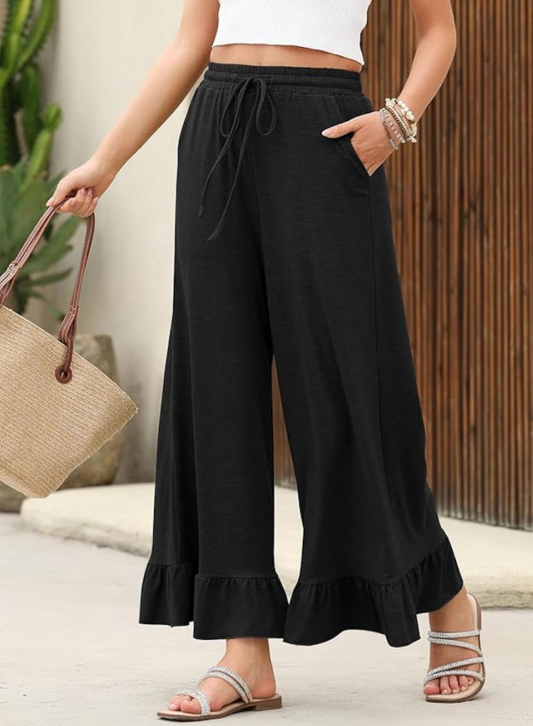 EVALESS Wide Leg Pants with Ruffle Hem