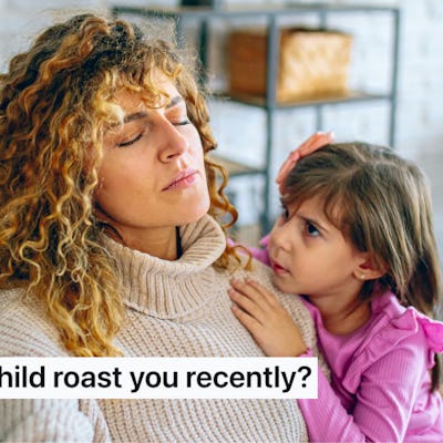 A woman with curly hair sits on a couch with her daughter. The daughter leans on her mother, whose eyes are closed in distress.