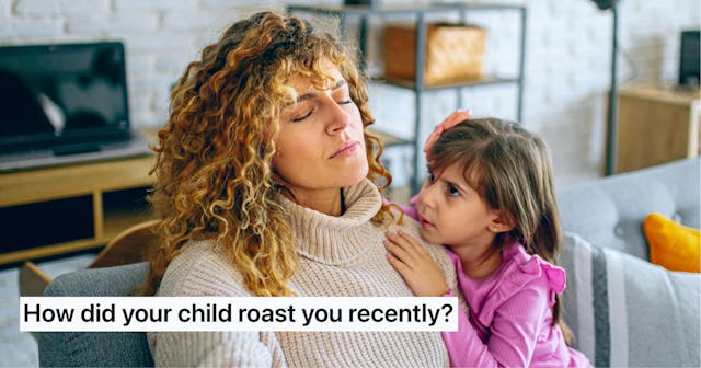 A woman with curly hair sits on a couch with her daughter. The daughter leans on her mother, whose e...