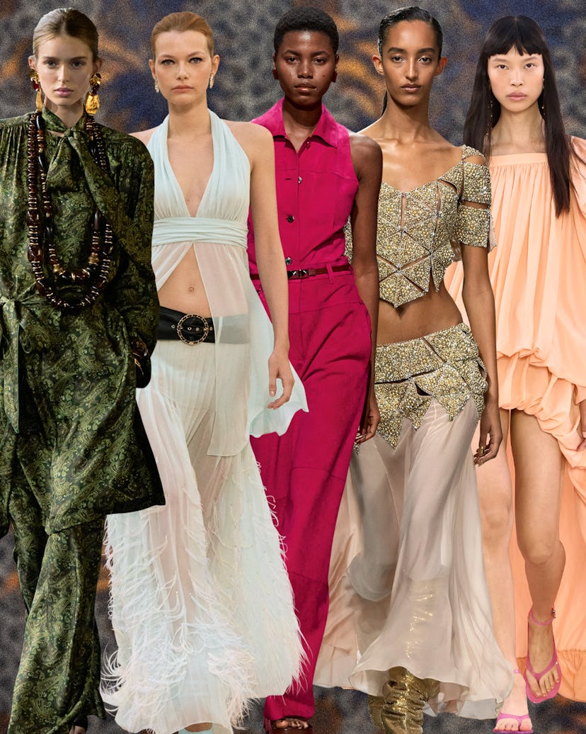 From left: Looks from the Spring 2025 runways of Saint Laurent, Chanel, Hermès, Rabanne, and Chloé. ...