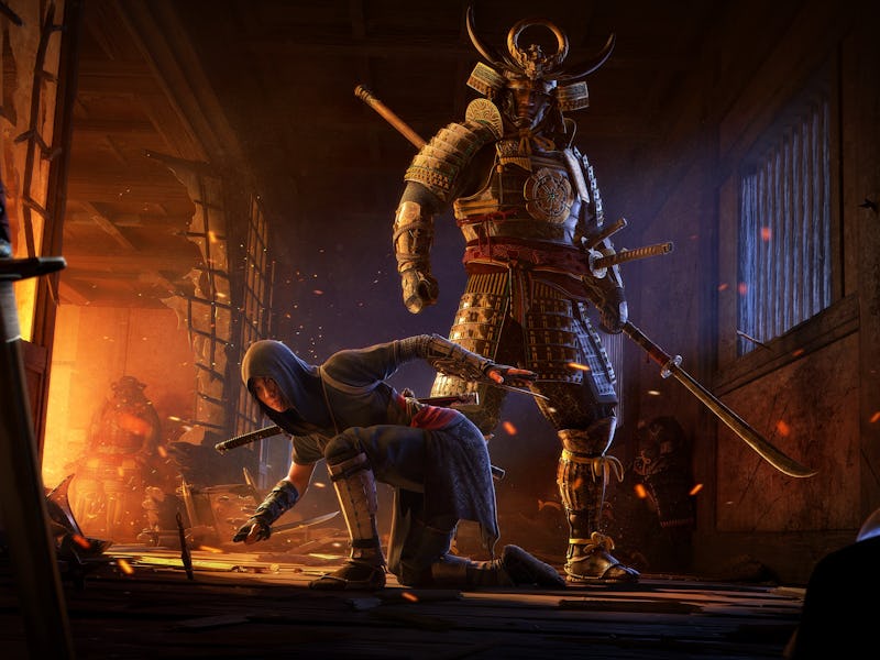 A stealthy warrior crouches in a dimly lit room, while a samurai stands intimidatingly behind, surro...