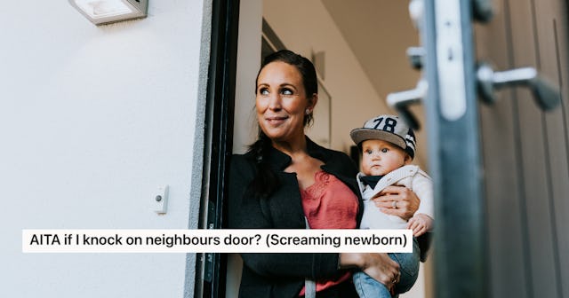 A woman stands at a doorway holding a baby wearing a cap. The caption humorously questions if she sh...