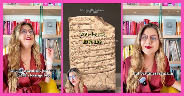 A woman with long hair and glasses speaks to the camera, referencing a stone tablet with ancient tex...