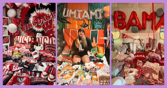 Elaborately decorated beds celebrating high school seniors getting accepted into the Universities of...