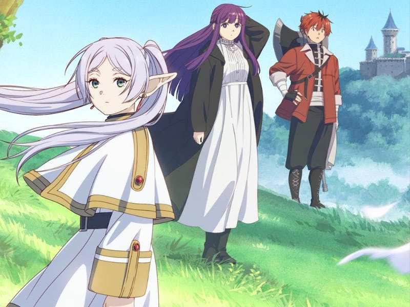 An anime scene depicting three characters on a grassy hillside. One has long, light hair and pointed...