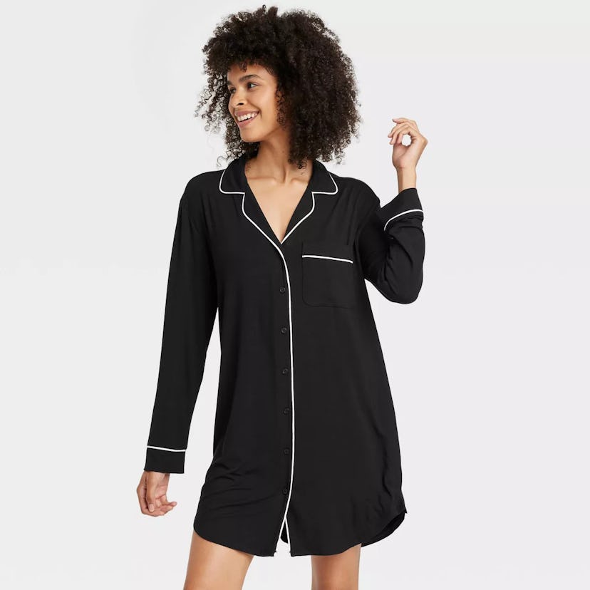 Auden Cloud Knit Notch Collar Long Sleeve Nightgown