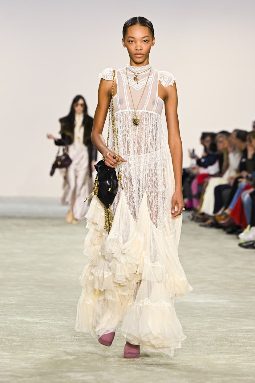 A model walks the runway during the Chloe Womenswear Fall/Winter 2025-2026 show as part of Paris Fas...
