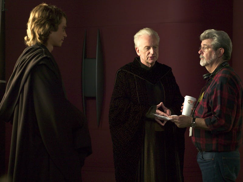 Hayden Christensen, Ian McDiarmid, and George Lucas on the set of Star Wars: Episode III — Revenge o...