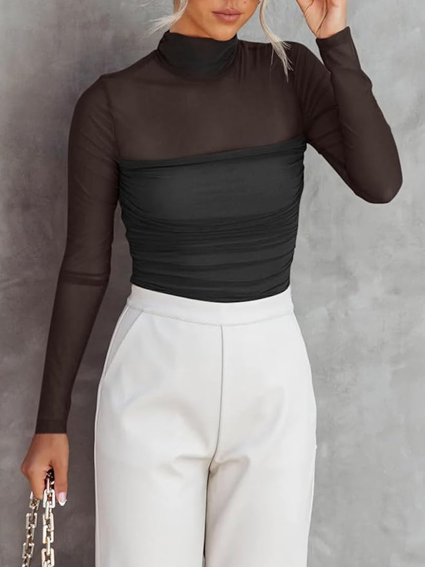 REORIA  Mock Neck Long Sleeve Sheer Mesh Bodysuit