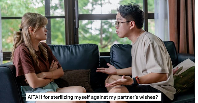 A couple sits on a couch in a living room, engaged in a serious discussion. A woman is wondering if ...