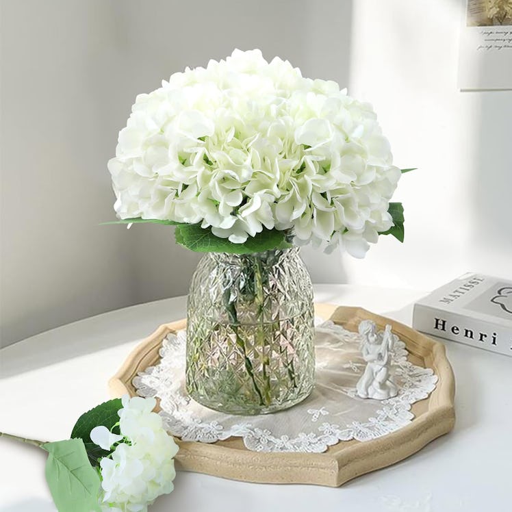 AVIVIHO Double-Leaf White Hydrangea Artificial Flowers (6 Pieces)