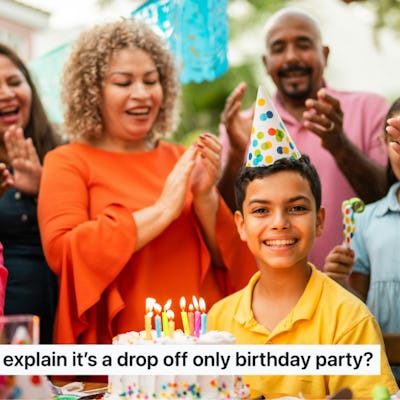 A young boy celebrates his birthday. He sits in front of a birthday cake surrounded by cheering family and friends wearing bright colors.