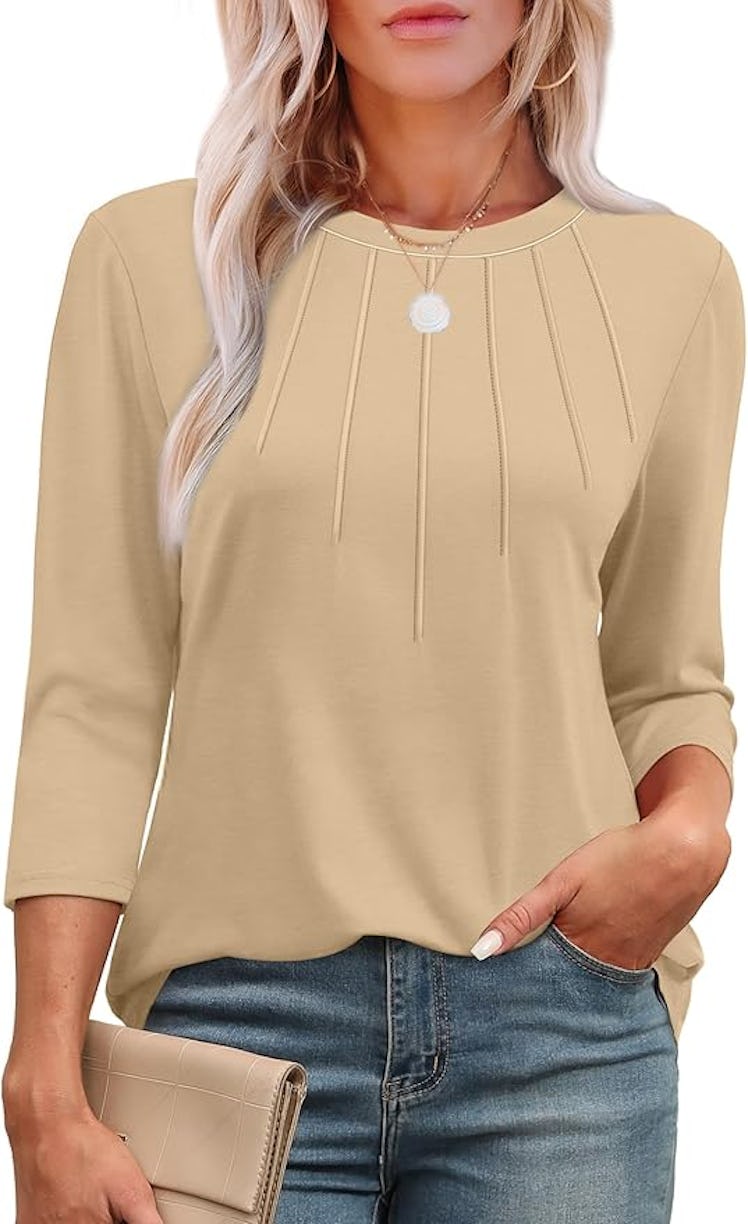 XIEERDUO 3/4-Sleeve Pleated Tunic Top