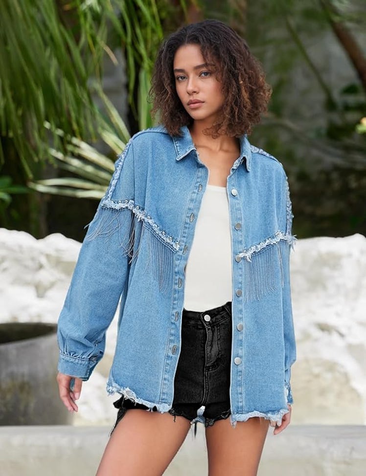 Daacee Oversized Fringe Denim Shacket