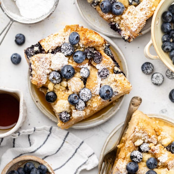 Blueberry french toast casserole on plates, in a story about Easter brunch ideas.