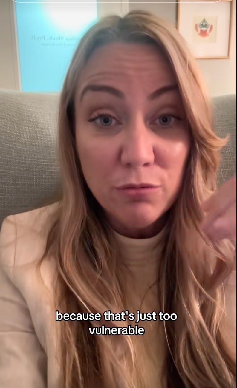 A woman with long blonde hair speaks directly to the camera, expressing concern about vulnerability. Text overlay reads: "because that's just too vulnerable."
