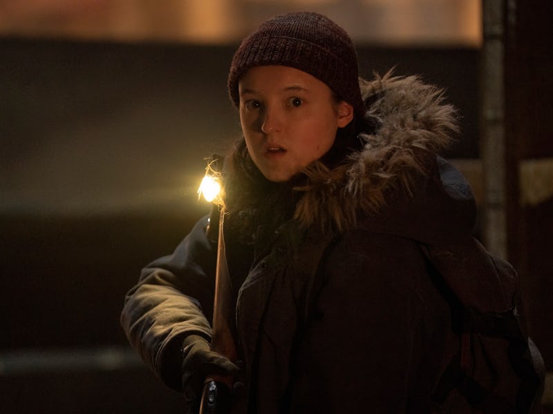 A young person wearing a dark coat and a beanie holds a lit torch, looking intently into the distanc...