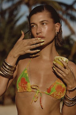 Hailey Bieber’s swim look in her RHODE campaign.