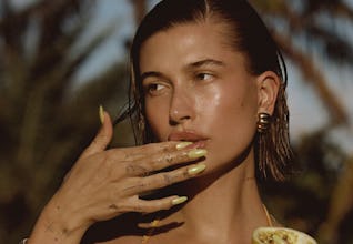 Hailey Bieber’s swim look in her RHODE campaign.