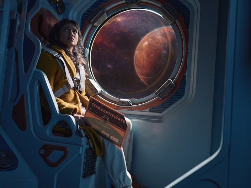 A young girl in a space suit sits inside a spacecraft, gazing out a large window at a distant planet...