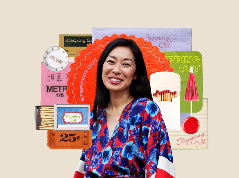 Katie Kitamura, photoshopped against Bustle's Stepping Out graphic.