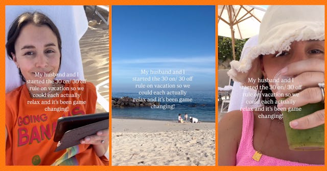 A woman sits on a beach reading a book and drinking a cocktail while her husband plays with the kids...