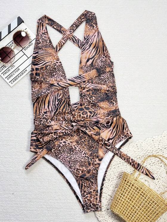 Swim Chiccia Leopard Print Deep V One-Piece Swimsuit