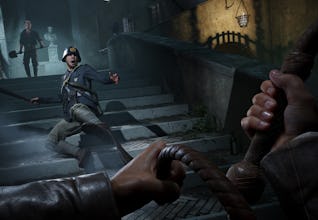 Indiana Jones trips up a fascist running down a flight of stairs.