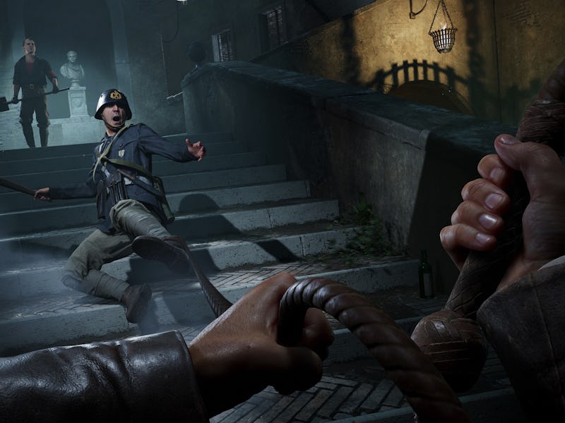 Indiana Jones trips up a fascist running down a flight of stairs.