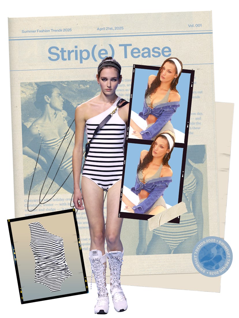 Summer 2025 Swimsuit Trend: Bella Hadid in a striped bikini.