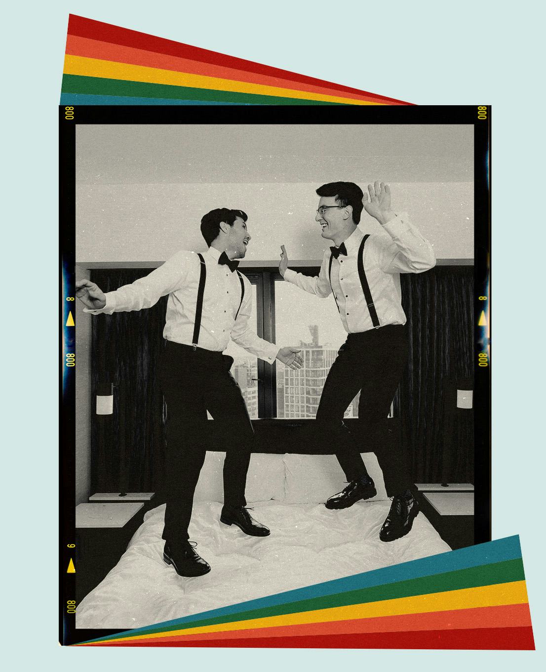 Queer newlyweds jump on top of their hotel room bed following their wedding