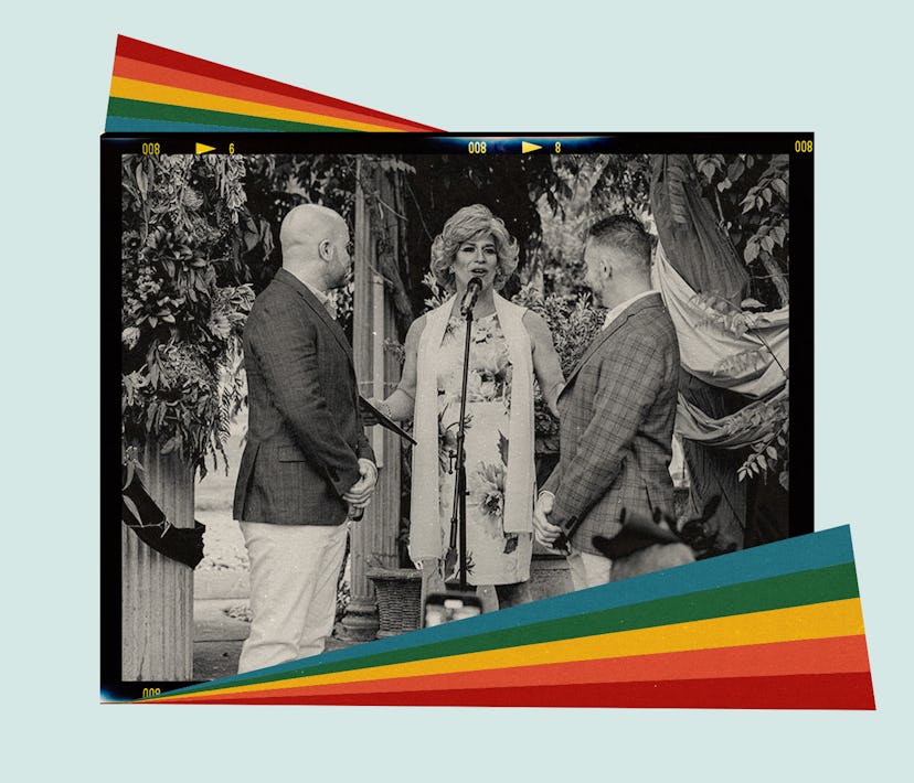 Two men stand at the altar during a queer wedding ceremony