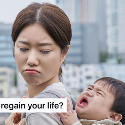 A woman looks thoughtful and slightly distressed while carrying a crying toddler on her back, with a city skyline in the background. Text overlay asks, "At what age do you regain your life?"