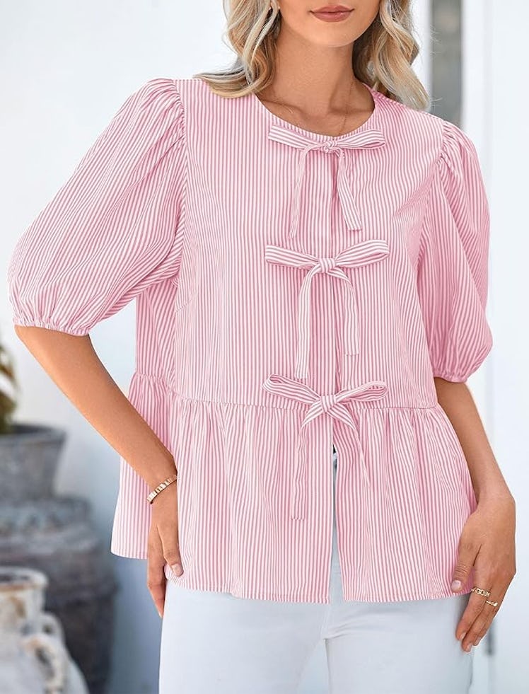 PRETTYGARDEN Tie-Front Babydoll Top