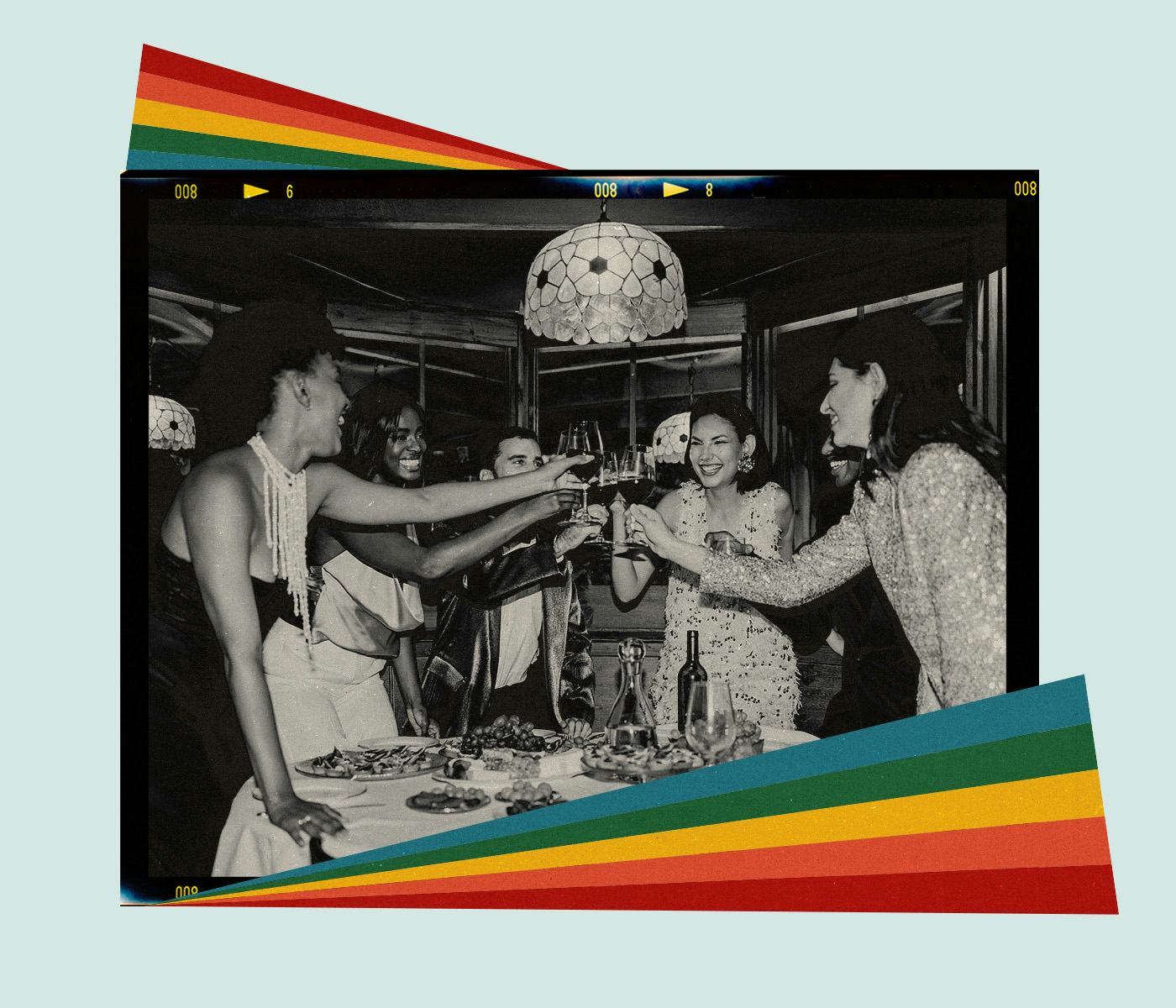 A group of friends share a toast in celebration of their friends' wedding