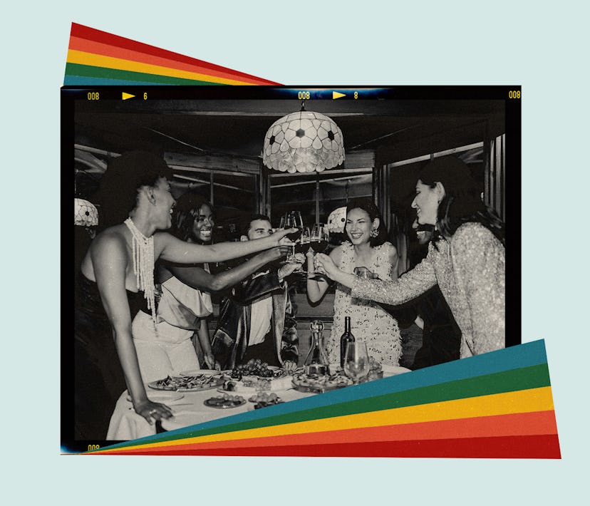 A group of friends share a toast in celebration of their friends' wedding