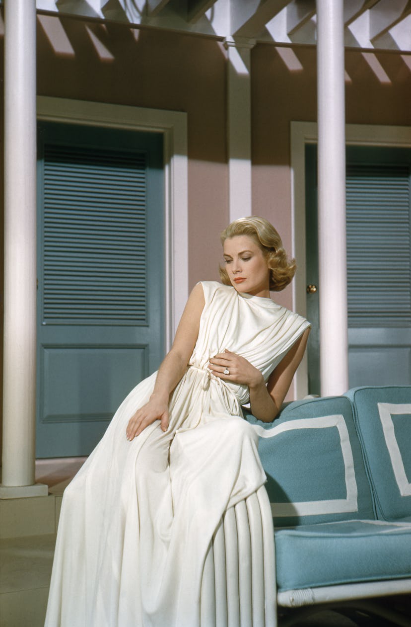 Grace Kelly on the set of ‘High Society’ wearing her 10.47-carat Cartier engagement ring