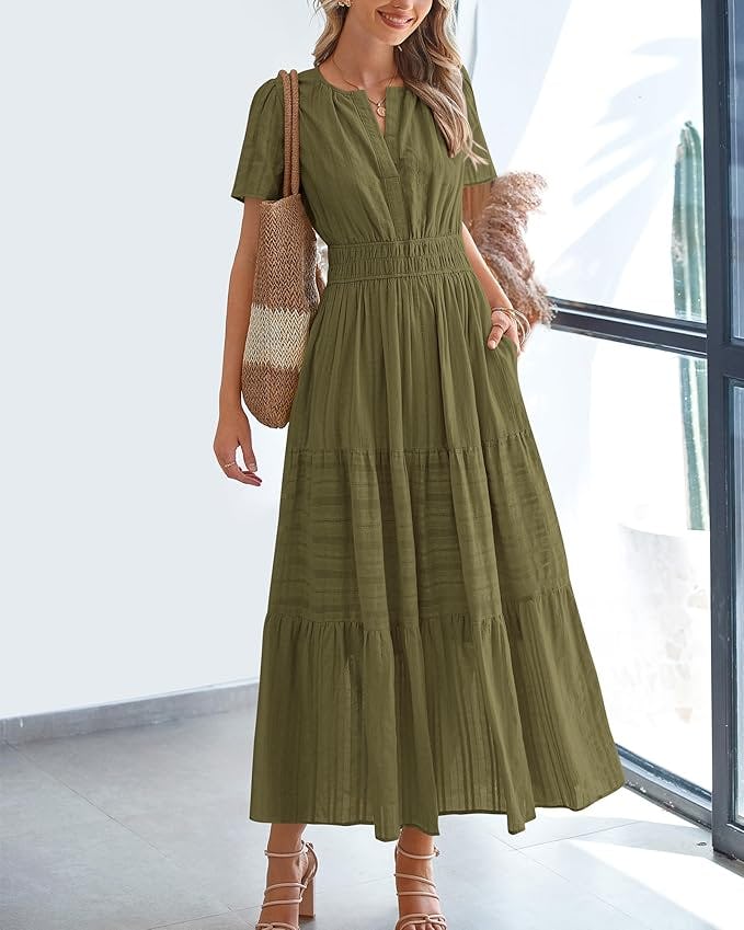 BTFBM V-Neck Elastic Waist Midi Dress