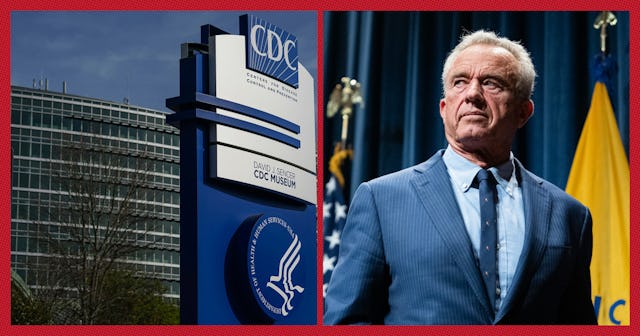 Side by side images of the CDC building in Atlanta and HHS Secretary Robert Kennedy.