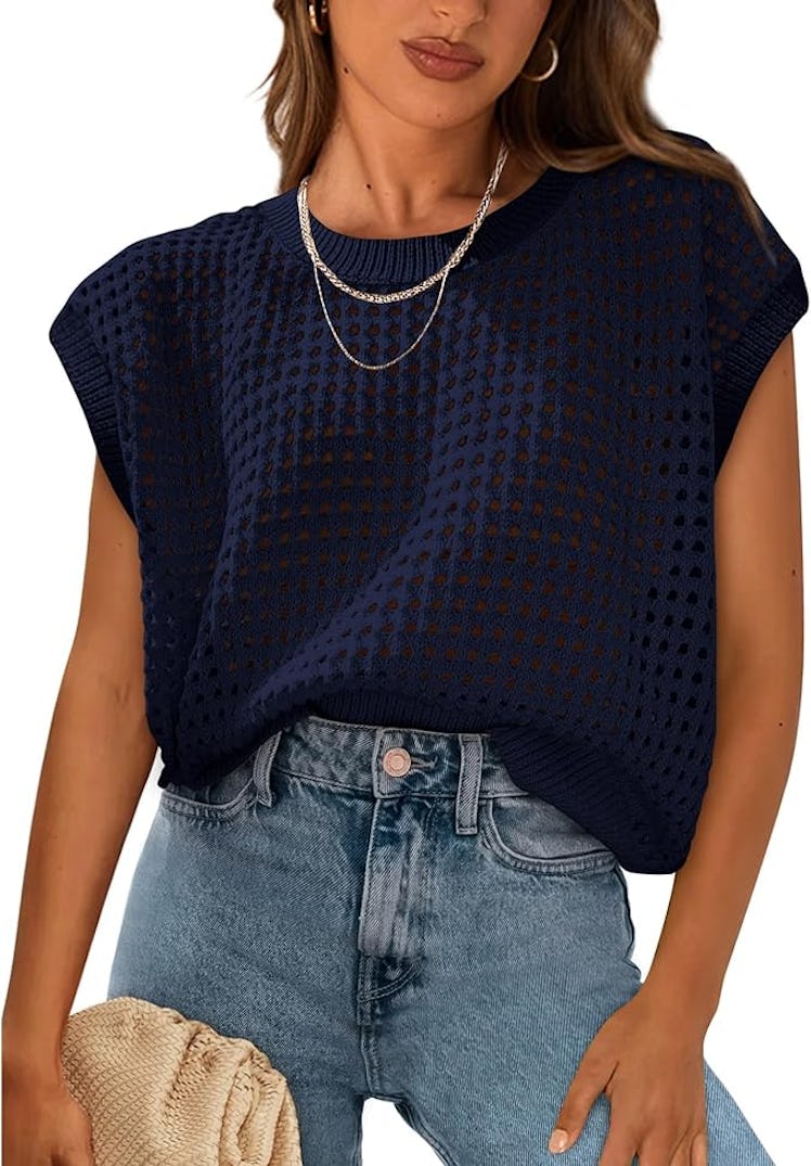 PRETTYGARDEN Crochet Cap-Sleeve Sweater Top