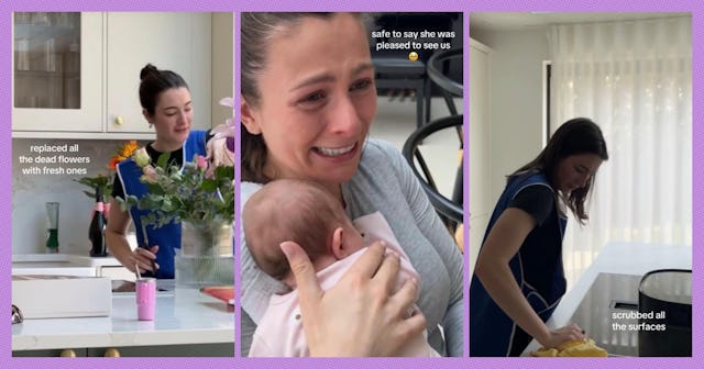 A collage featuring a woman replacing flowers in a kitchen, a close-up of her emotional moment with ...