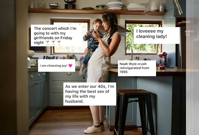 A woman holds a child in a cozy kitchen, surrounded by text messages expressing joy about life event...