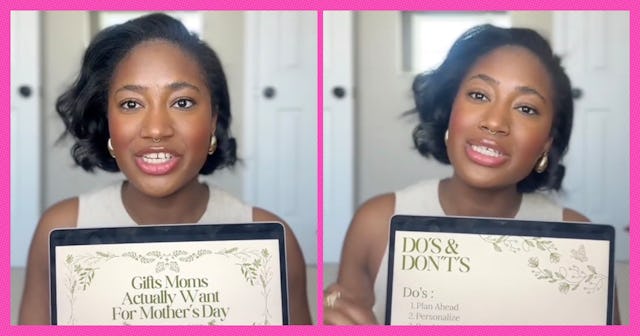 A mom gives a presentation on how people can get the right gifts for their partners on Mother's Day.