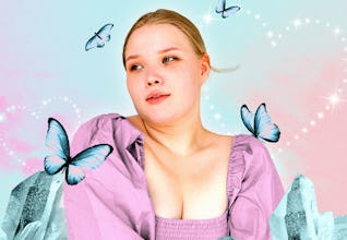 A young woman surrounded by butterflies after reading her May 2025 horoscope.