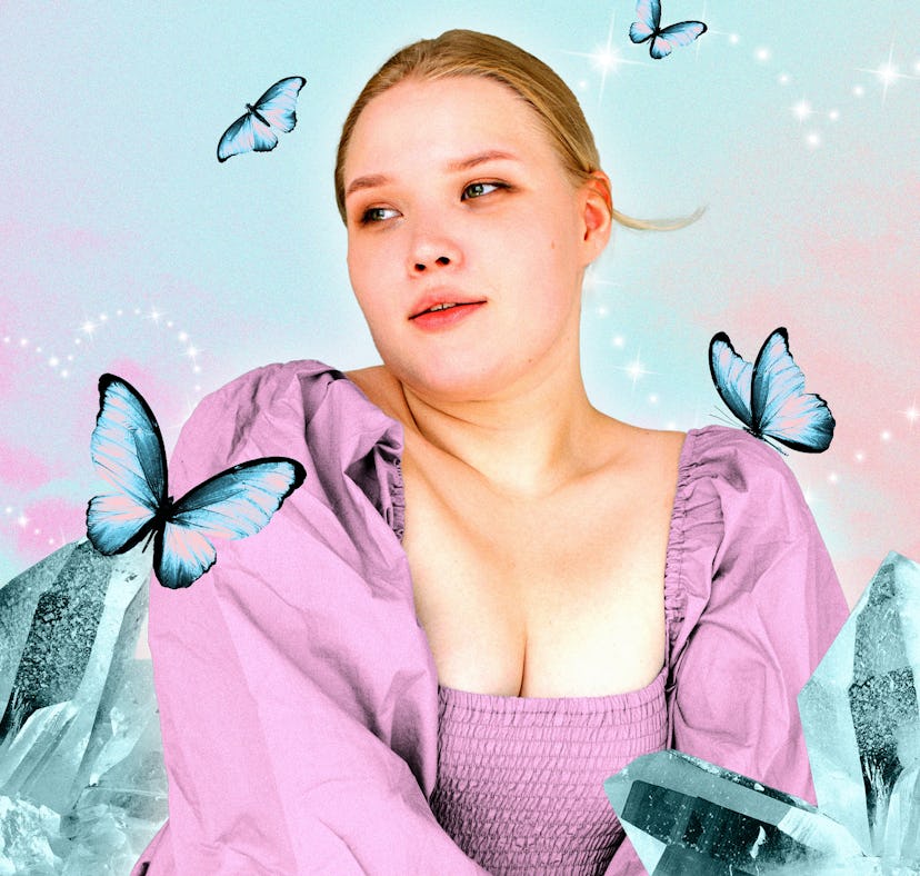 A young woman surrounded by butterflies after reading her May 2025 horoscope.