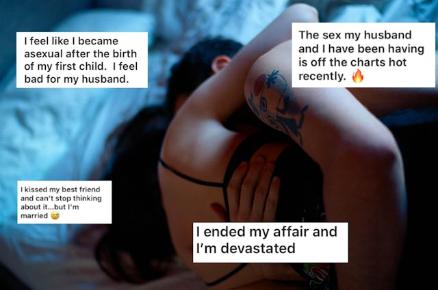 A couple is entwined in bed, while text overlays express feelings of marital dissatisfaction, emotio...