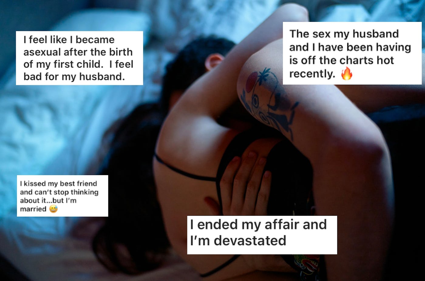 A couple is entwined in bed, while text overlays express feelings of marital dissatisfaction, emotional turmoil, and conflicting desires regarding intimacy.