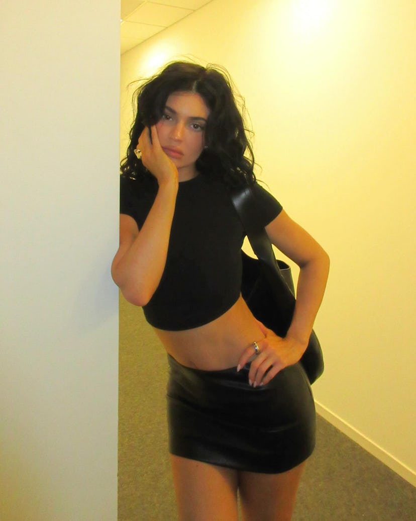 Kylie Jenner bared her navel in a crop top and leather mini.